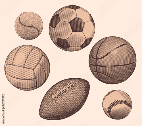Sports Balls Design Set Hand Drawn Engraving Editable Vector Vintage Illustration Isolated On Light Background 8 Eps Vector De Stock Adobe Stock