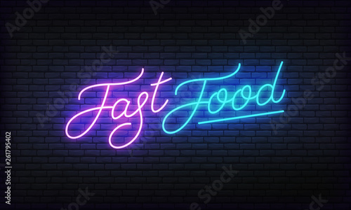 Fast food neon banner vector template. Glowing night bright lettering sign for Fast food cafe.