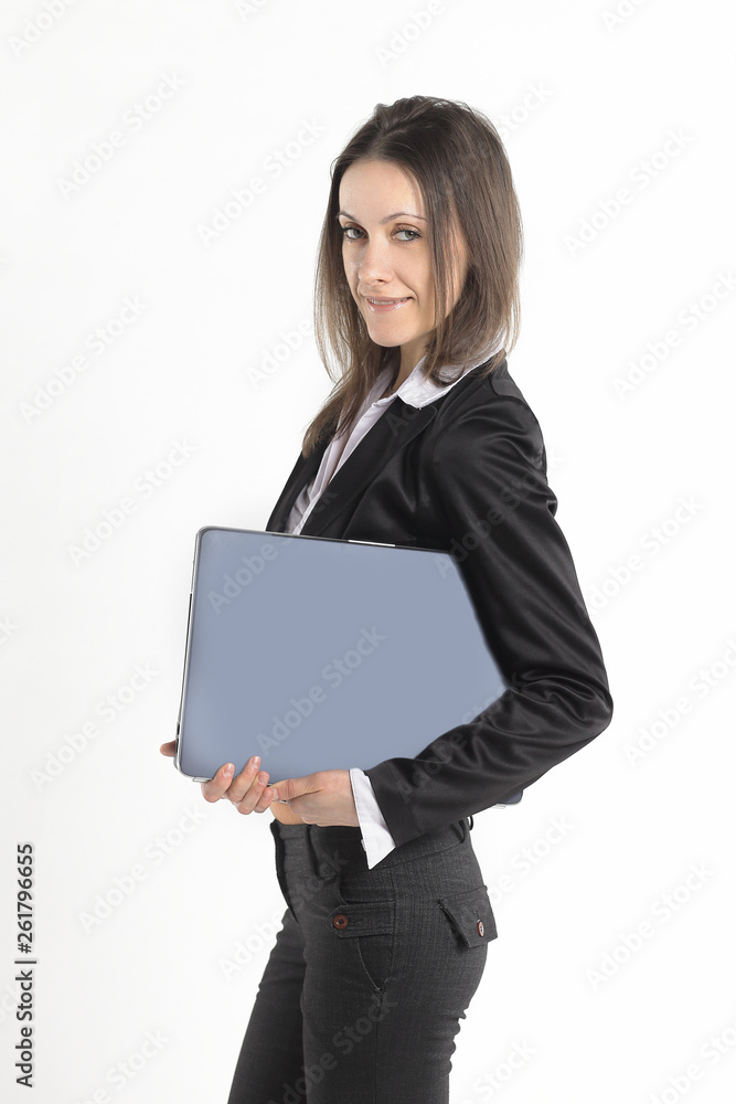 successful business woman with an open laptop.isolated on white background successful business woman with an open laptop.isolated on white background