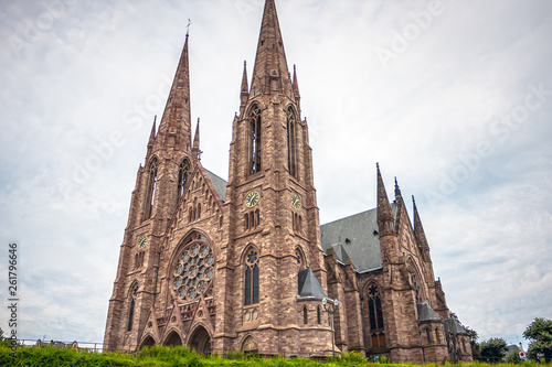 View on the St. Paul Church from the Ill river in Strasbourg, France