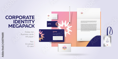 Corporate branding identity design. Stationery mockup vector megapack set. Template for industrial or technic company. Folder and A4 letter, visiting card and envelope. Colorful creative logo design.