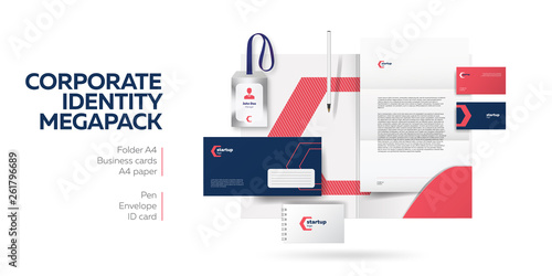 Corporate branding identity design. Stationery mockup vector megapack set. Template for industrial or technic company. Folder and A4 letter, visiting card and envelope. Colorful creative logo design.