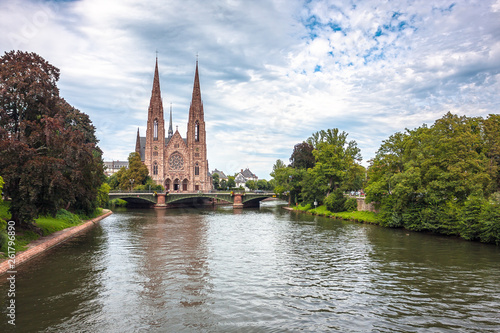 View on the St. Paul Church from the Ill river in Strasbourg, France