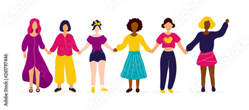 Interracial group of women holding hands.