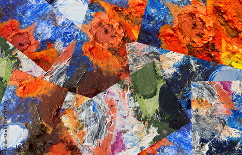 Abstract collage of fragments of the artist's palette with oil paint