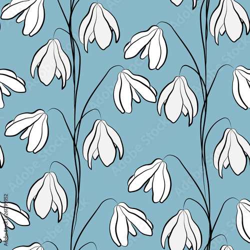 Vector pattern of white snowdrops on dark blue background