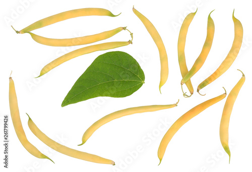 yellow-green pods beans on white, top view