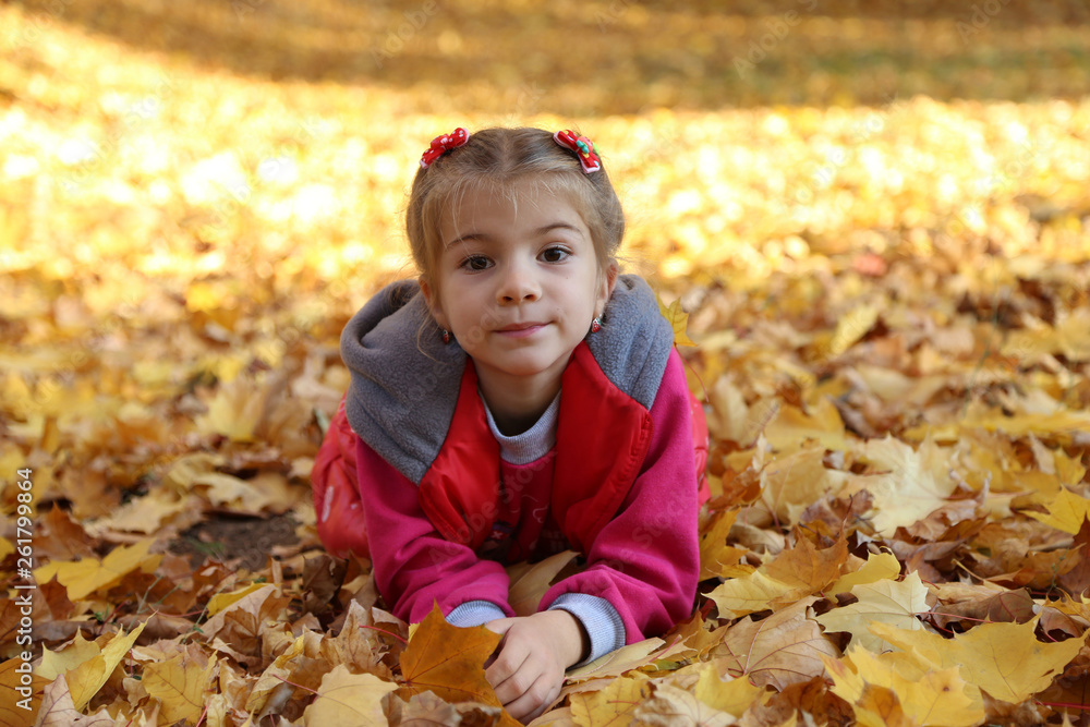happy little baby girl playing in autumn in yellow leaves happy little baby girl playing in autumn in yellow leaves