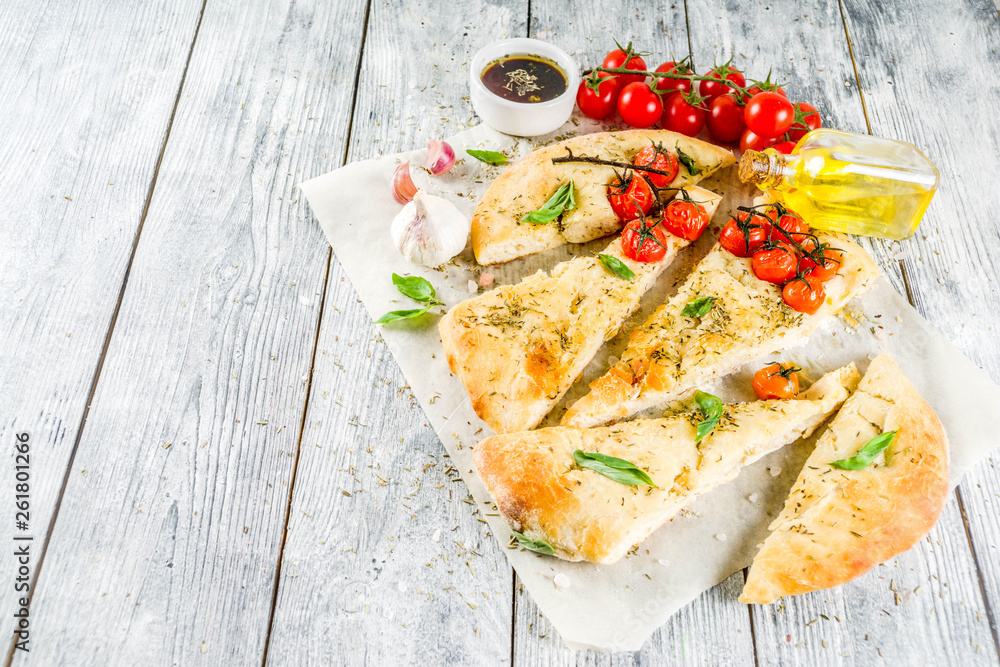 Focaccia with tomatoes and basil Focaccia with tomatoes and basil