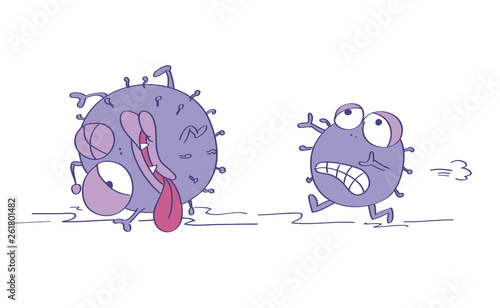 Scared viruses, one is terrified and running away, escaping from something dangerous, the second one is already injured, almost dead. Original funny cartoon hand drawn illustration.