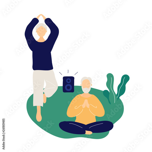 Couple of old people doing yoga and meditating 