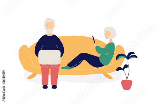 Couple of old people with laptop and phone