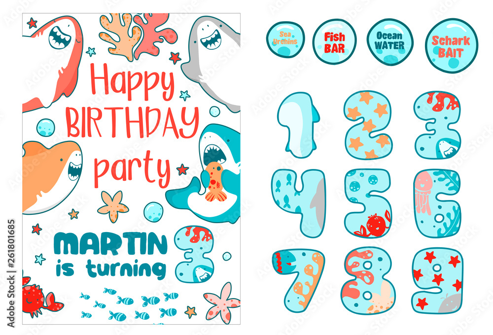 Fototapeta premium Invitation childrens holiday. Cute shark, sea fish, baby illustration. Cute figures illustrated in nautical style, cute Japanese style drawings.