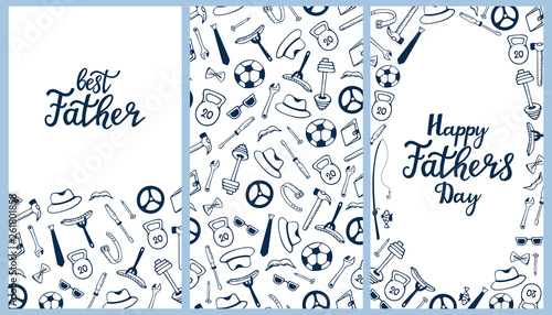 Happy Father`s day hand drawn lettering. Men`s Accessories. Instruments. Sports equipment seamless pattern and greeting cards