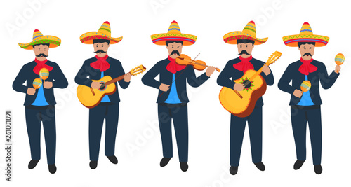 Mariachi. Mexican street musicians in national costumes with a guitar, viola and maracas. Cinco de Mayo. 5th of May.