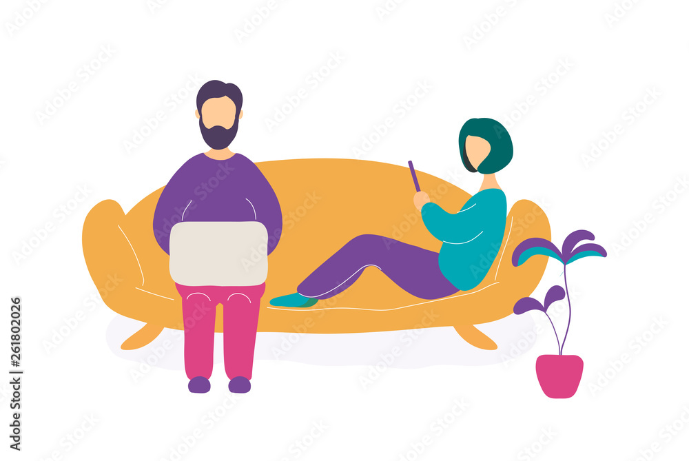Couple sitting on sofa with laptop and smartphone Couple sitting on sofa with laptop and smartphone