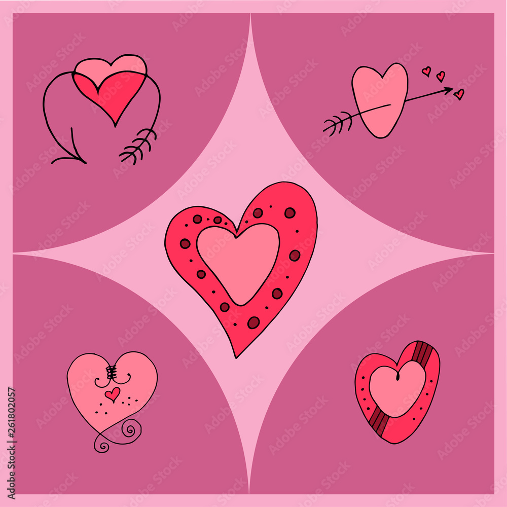 Vector illustration of hearts of different shapes as a symbol of Valentine's Day and love.