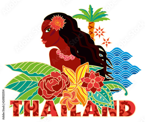Tourist sticker Thailand. Thai girl in decorative flowers and leaves. Vector graphics