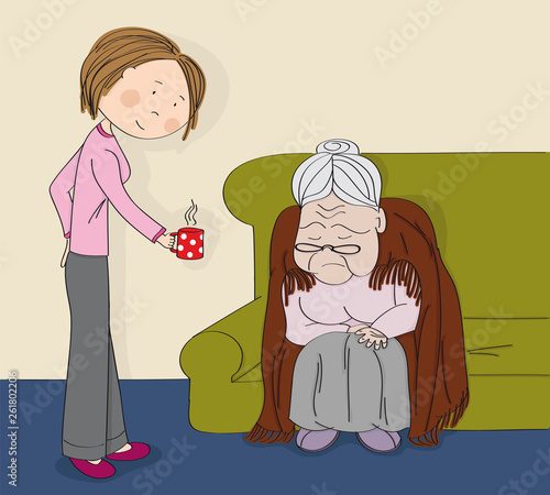 Very old grey-haired senior woman, granny, sitting on the sofa, sleeping and snoring. Young cheerful woman nurse carer bringing her a cup of tee or coffee. Original hand drawn illustration.