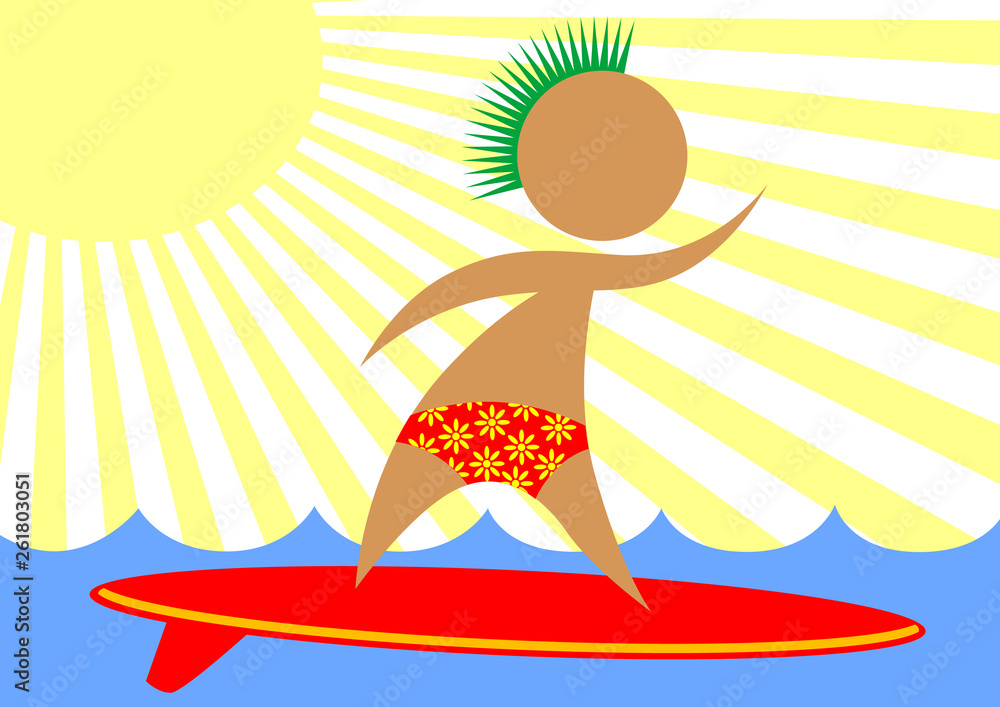 People in swimwear with a surfboard on the background of sea