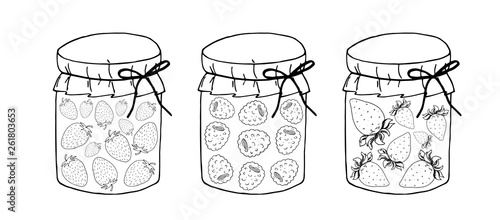 Set of colored hand drawn vector illustration. Set of pickle jars with vegetables. Set with tinned vegetables.
