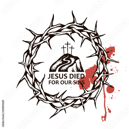 image of thorn crown with golgotha and blood isolated on white background 