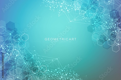 Geometric abstract background with connected line and dots. Structure molecule and communication. Scientific concept for your design. Medical, technology, science background. Vector illustration.