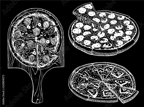 Graphical set of pizza isolated on black background, vector sketch, Italian pizza