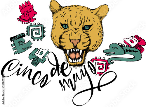 Jaguar. Vector illustration with design for Mexican holiday 5 may Cinco De Mayo. Vector template with traditional Mexican symbols 