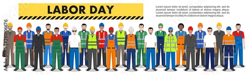 Labor day. Group of worker, builder and engineer standing together in row on white background in flat style. Working team and teamwork concept. Different nationalities and uniforms. Vector.