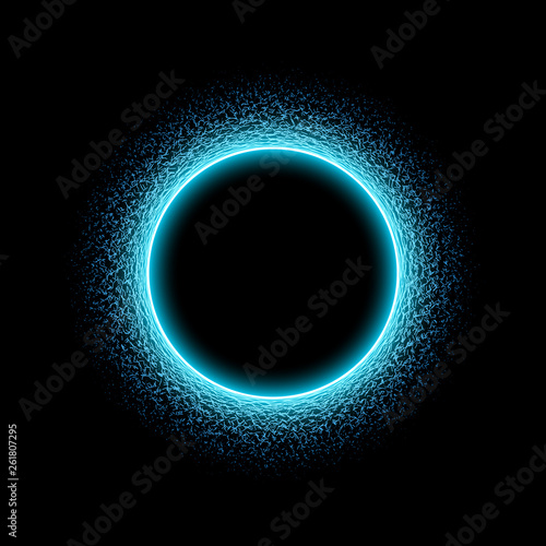 Neon circular shape of sound wave form. Neon circle with dots and waves. Light effect on black background. Vector illustration.