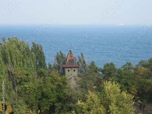 Fototapeta Naklejka Na Ścianę i Meble -  old damaged tower of a villa in a forest in front of the black sea with a container ship in the background near the harbour of odessa