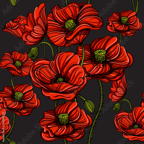 Fototapeta Naklejka Na Ścianę i Meble -  Seamless pattern with red poppies. Hand-drawn floral background for wallpaper, wrapping paper, pattern fills, gift packaging, printing.