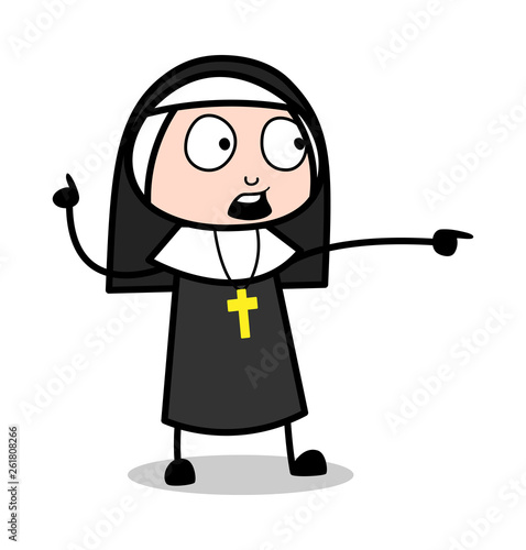 Showing with Pointing Finger - Cartoon Nun Lady Vector Illustration﻿