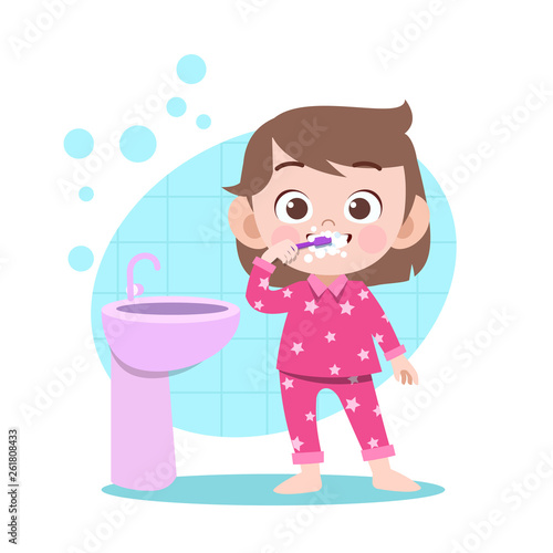 kid girl brushing teeth vector illustration