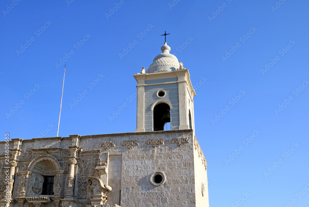 Gorgeous Belfry and Facade of the Church of Saint Augustine in Arequipa, Peru, South America