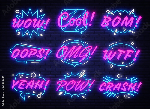 Comic Bubbles Set in neon style. Expressions Cool, Oops, Wow, Omg, Crash, Yeah and other. Collection neon signs Pop Art. Speech bubble, poster and sticker concept. Vector illustration
