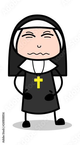 Stomach Problem - Cartoon Nun Lady Vector Illustration﻿