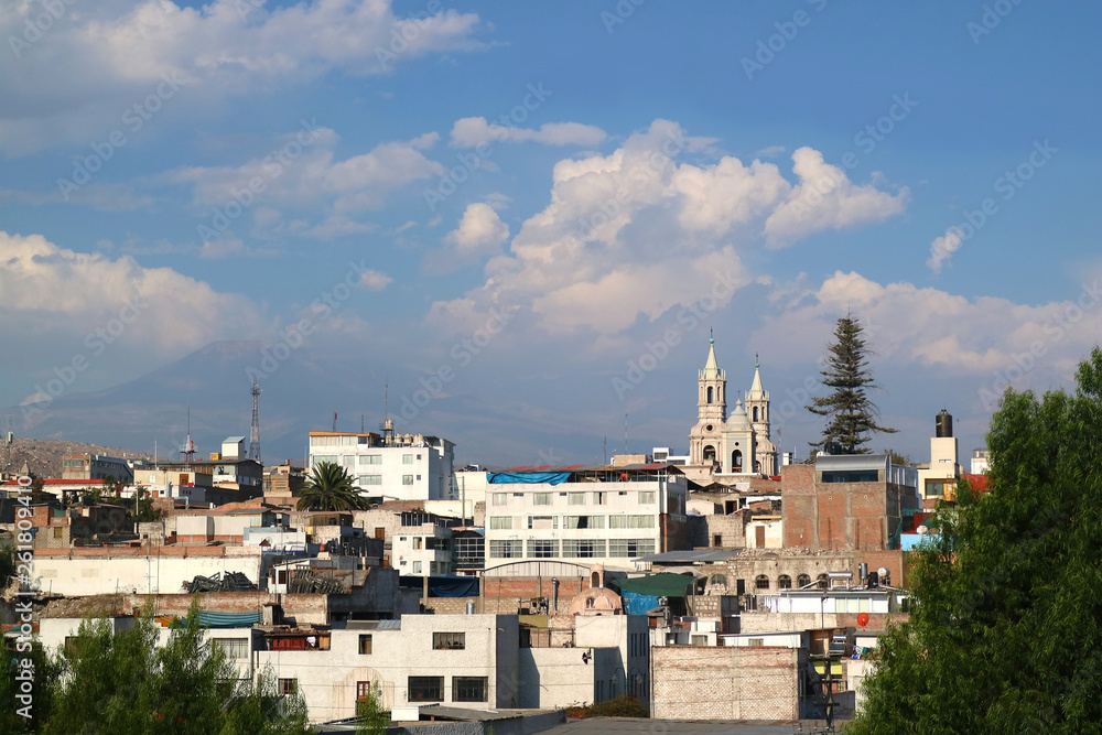 The Skyline of Arequipa with the Belfry of Arequipa Cathedral and Saint Augustine Church, Arequipa, Peru