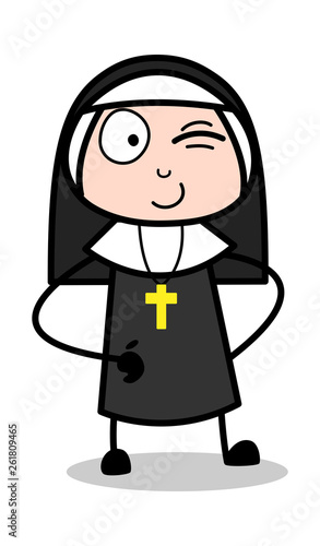 Winking Eye - Cartoon Nun Lady Vector Illustration﻿