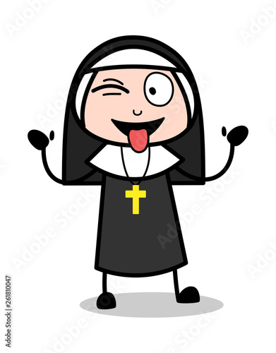Teasing Expression - Cartoon Nun Lady Vector Illustration﻿