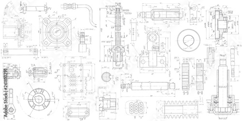A set of engineering mechanical parts .Vector engineering illustration.Technical drawing background . photo