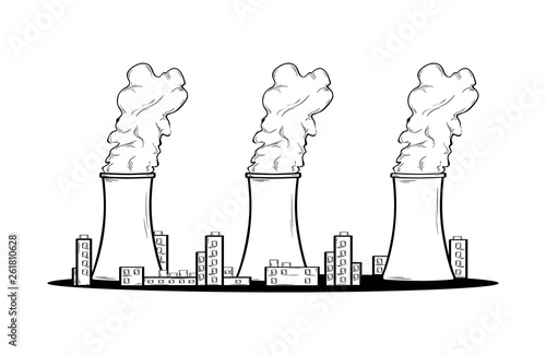power factory and three chimneys with smoke