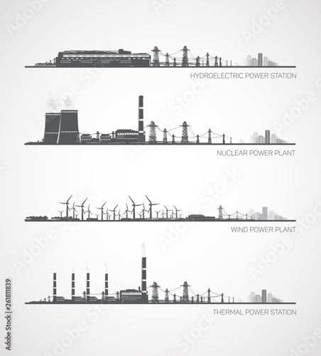 Vector power plants of various types. photo