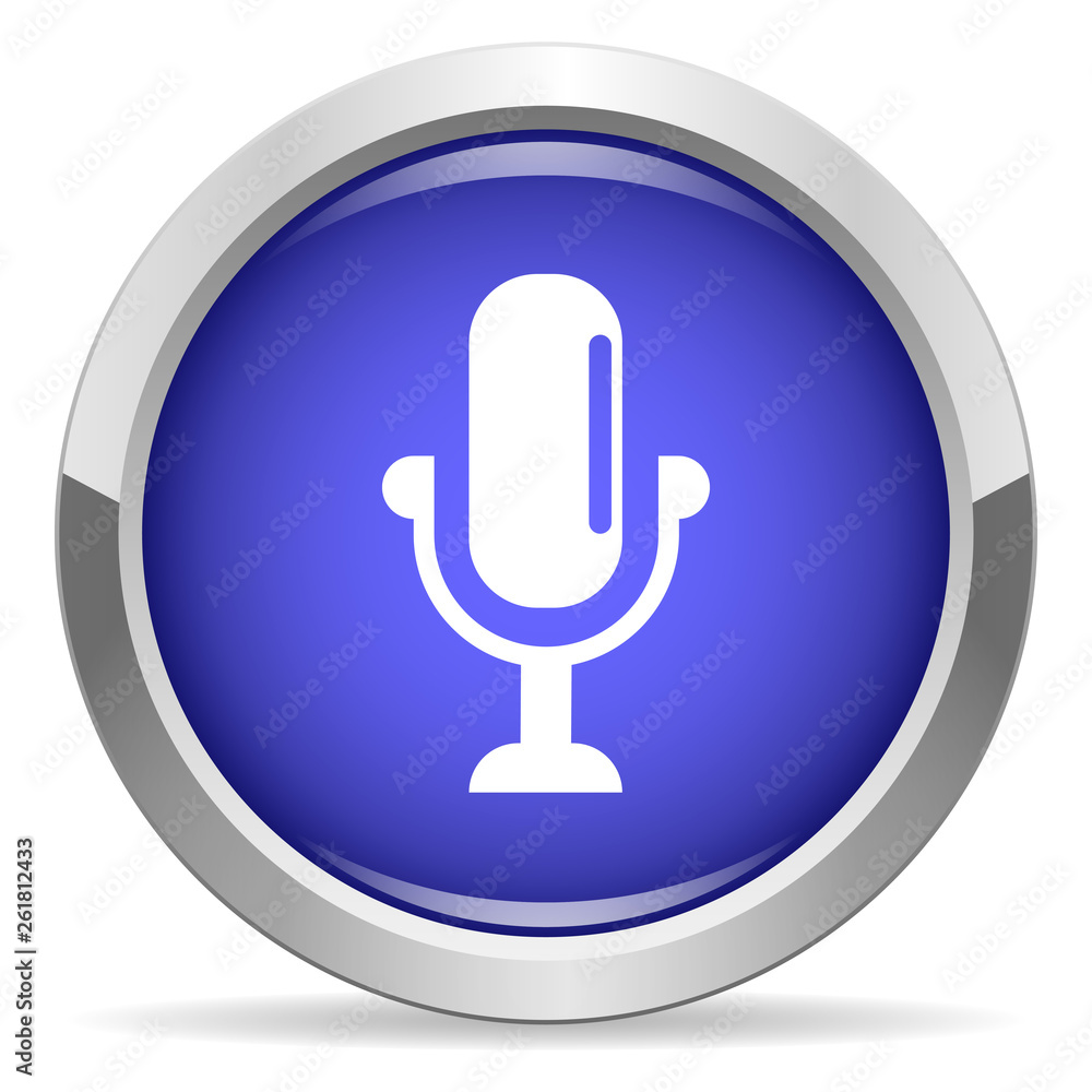 Microphone icon. Round bright blue button. Microphone icon. Round bright blue button.