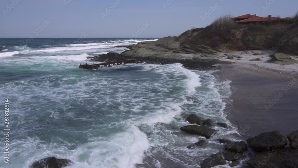 Waves breaking on Black Sea beach in Bulgaria, Panning Right Waves breaking on Black Sea beach in Bulgaria, Panning Right