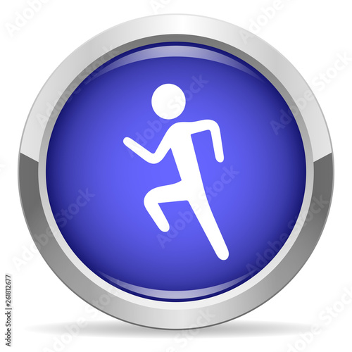 Running man icon. Round bright blue button.
