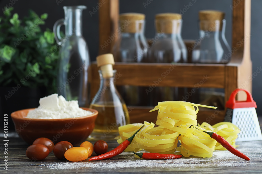 Pasta uncooked on the table. Noodles in the form of nests. Pasta uncooked on the table. Noodles in the form of nests.
