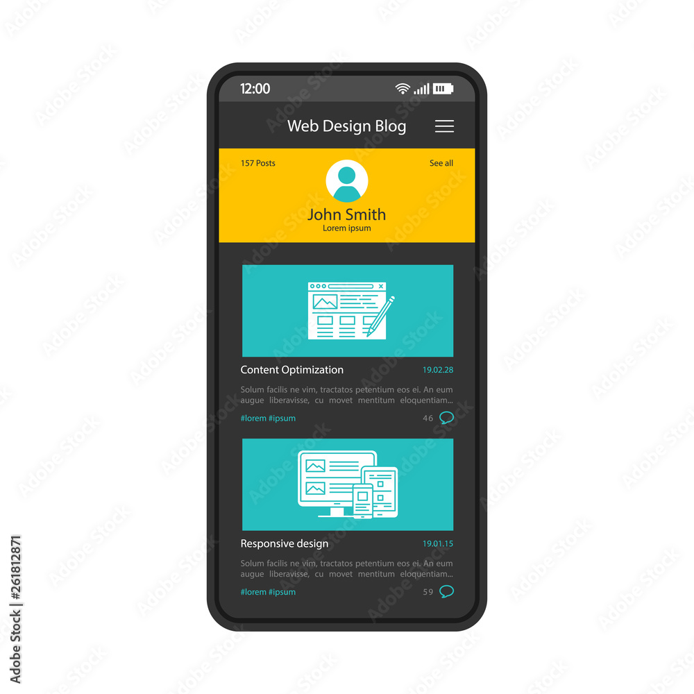 Blog app smartphone interface vector template Blog app smartphone interface vector template