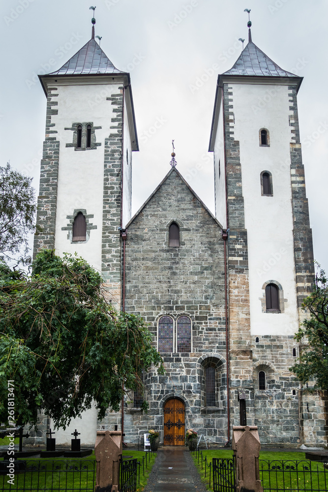 Front façade and entrance of St. Mary’s Church, the oldest existing building in Bergen, Norway